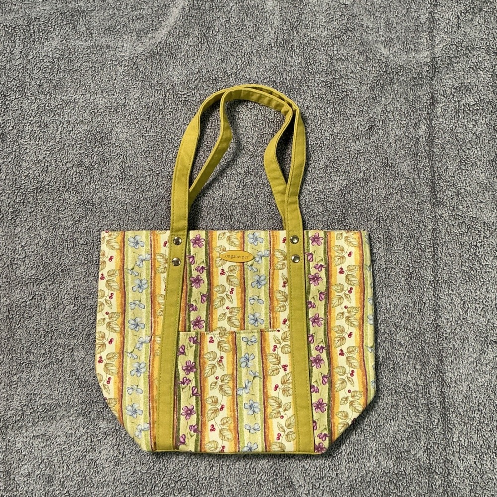 Longaberger Homestead Floral Canvas Tote Bag Green Purple Striped Shoulder Bag